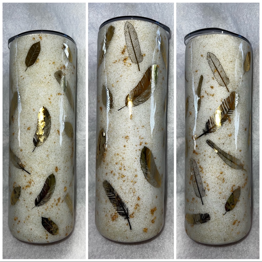 White & Gold Feather 20oz stainless steel Hot/Cold cup